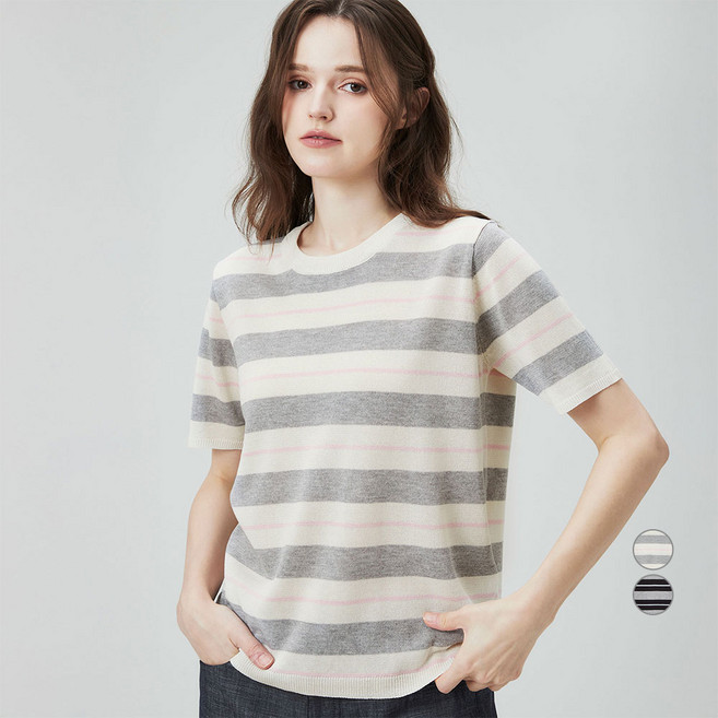 ELLEPARIS 여성용 라운드 스트라이프 반소매 니트 스웨터