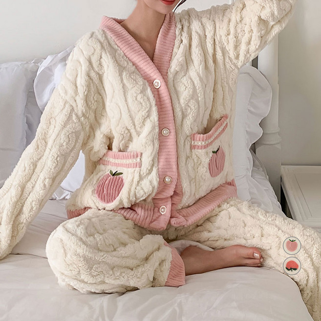 아피나르 여성용 자체체작 브이넥 가디건 수면잠옷 세트