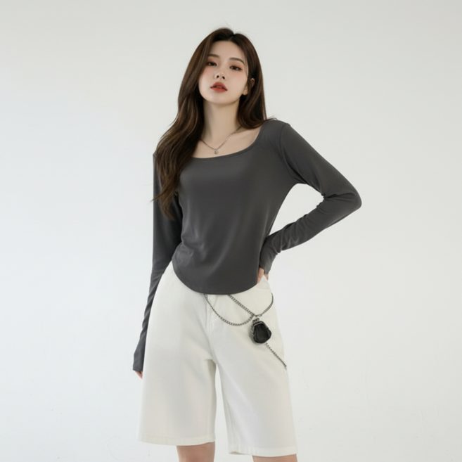 구디프 여성용 여리핏 슬림 딥유넥 라운드 슬릿 기본 긴팔티