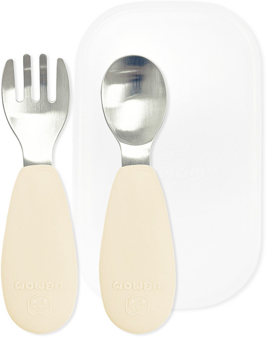 유비맘 유아용 스테인리스 실리콘 스푼 포크 + 케이스 세트, 인절미(베이지), 1세트