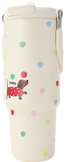 可手提雙飲保溫杯, 臘腸小狗 白色, 900ml, 1個