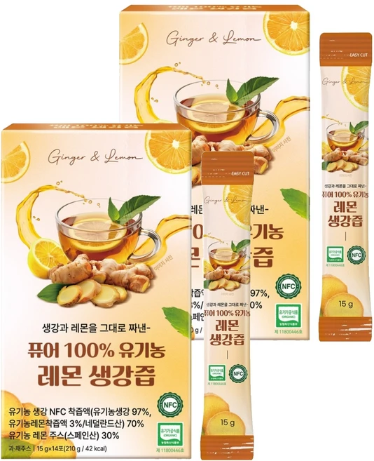퓨어 100% 유기농 레몬 생강즙, 15g, 28개 - 쿠팡