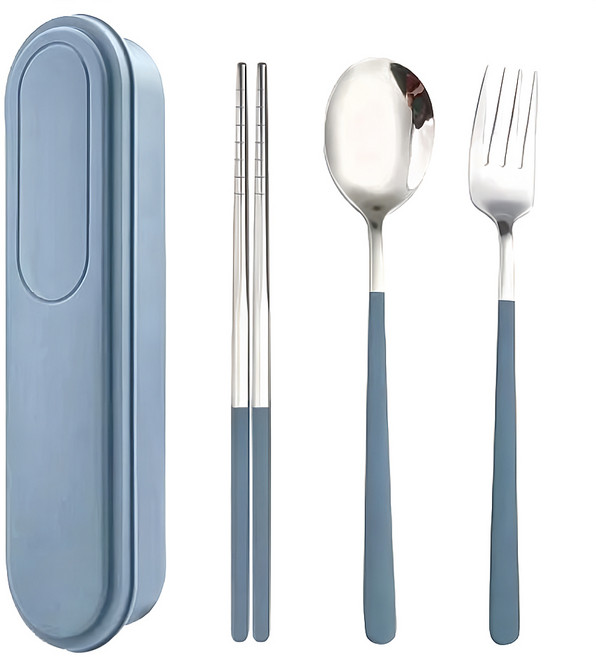 Cooksy 304不鏽鋼環保餐具/高溫耐受便攜式餐具 3件組 21.5 x 5.5 x 3cm, 1組, 叉 + 匙 + 筷, 藍色