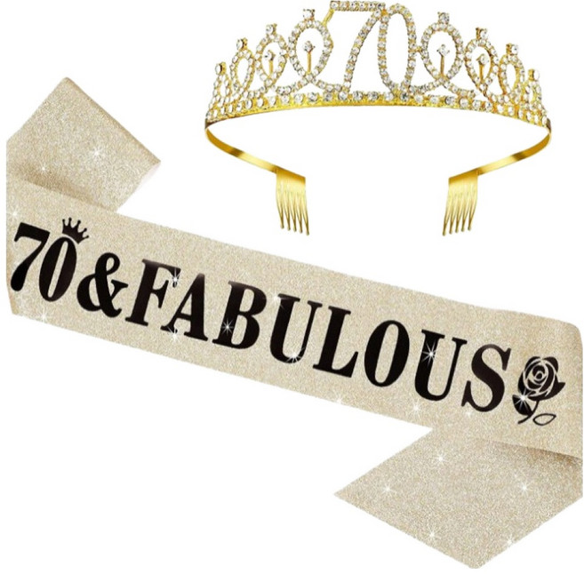메리벨르 나이별 큐빅 파티 왕관 + 스트랩 칠순 잔치 파티용품 세트, 골드, 1세트