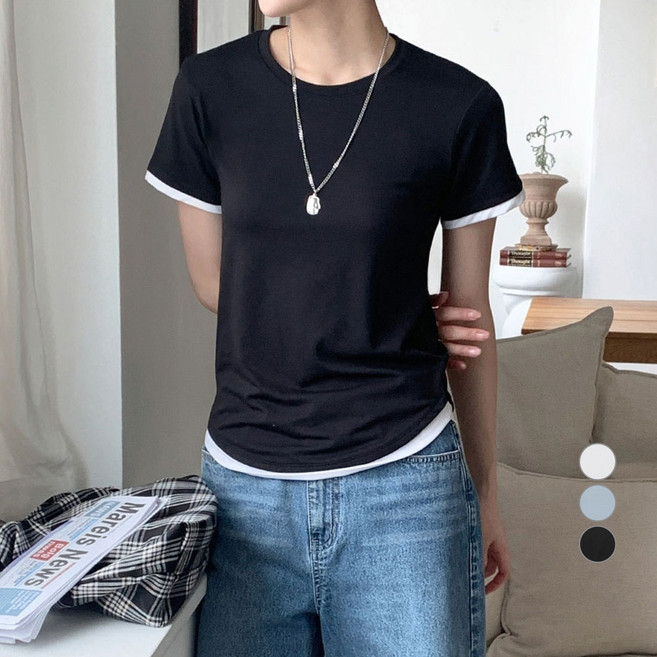 아피나르 여성용 배색 레이어드 반팔 티셔츠