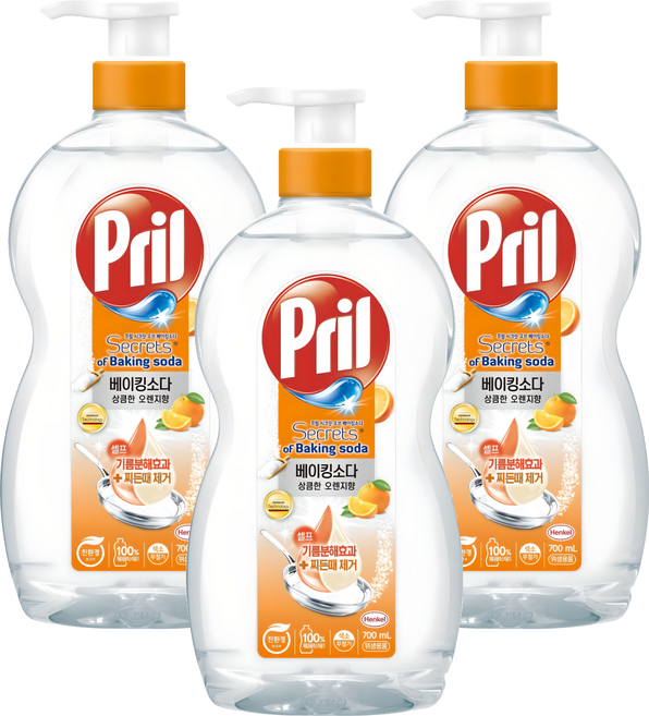 프릴 시크릿오브 베이킹소다 주방세제 상큼한 오렌지향, 700ml, 3개