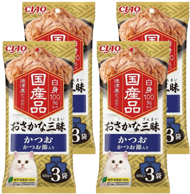 INABA CIAO 啾嚕 豪華魚三昧餐包, 鰹魚 + 柴魚片, 180g, 4袋