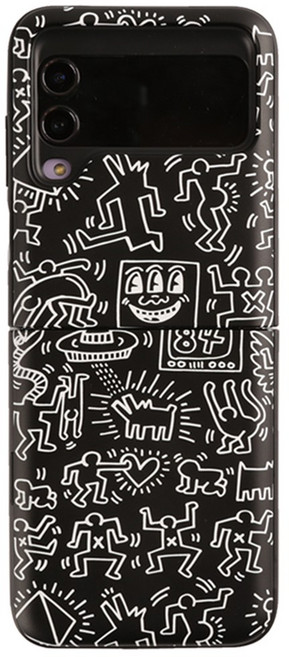 키스해링 스키누 도어범퍼 힌지보호 카드 2장 수납 휴대폰 케이스, 패턴블랙