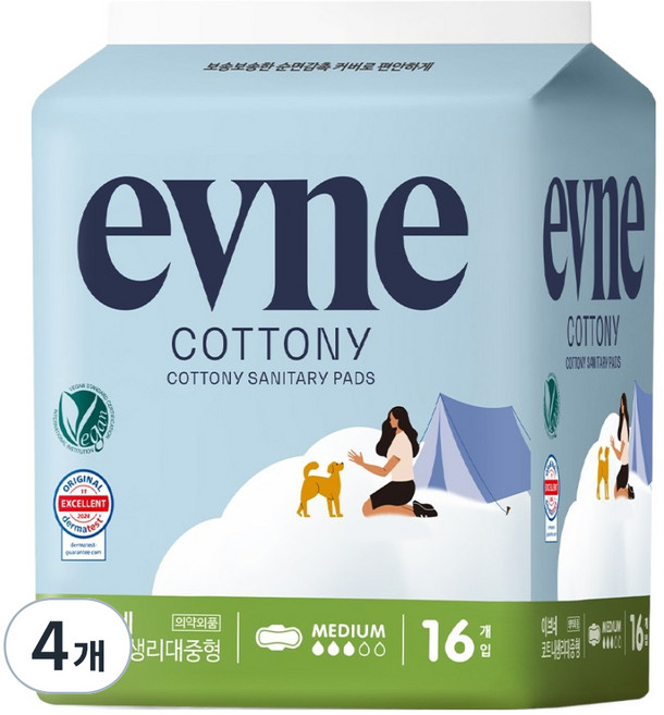 이브네 프리미엄 코트니 생리대 날개형, 중형, 16개입, 4개
