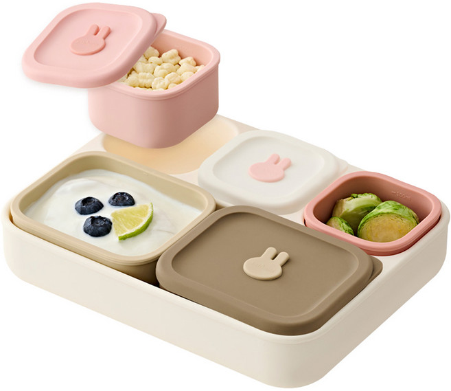 아띠래빗 유아용 쏙쏙 모듈형 실리콘 흡착 식판 + 보관 용기 소형 3p + 보관 용기 대형 2p 세트, 혼합색상, 1세트