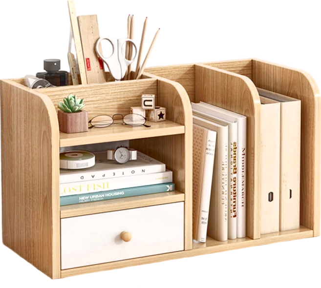 AOTTO 創意傢俱 大容量多格收納單抽桌上書架 收納架, 木色