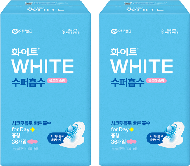 화이트 수퍼흡수 울트라슬림 생리대 날개형, 중형, 36개입, 2개