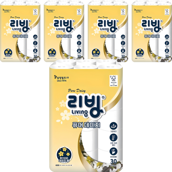 리빙티슈 퓨어 데이지 3겹 고급롤화장지, 30m, 30개입, 5개