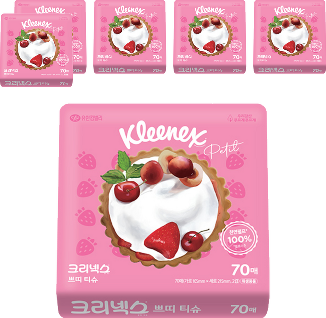 크리넥스 휴대용 천연펄프 쁘띠티슈 2겹 랜덤발송, 70개입, 6개