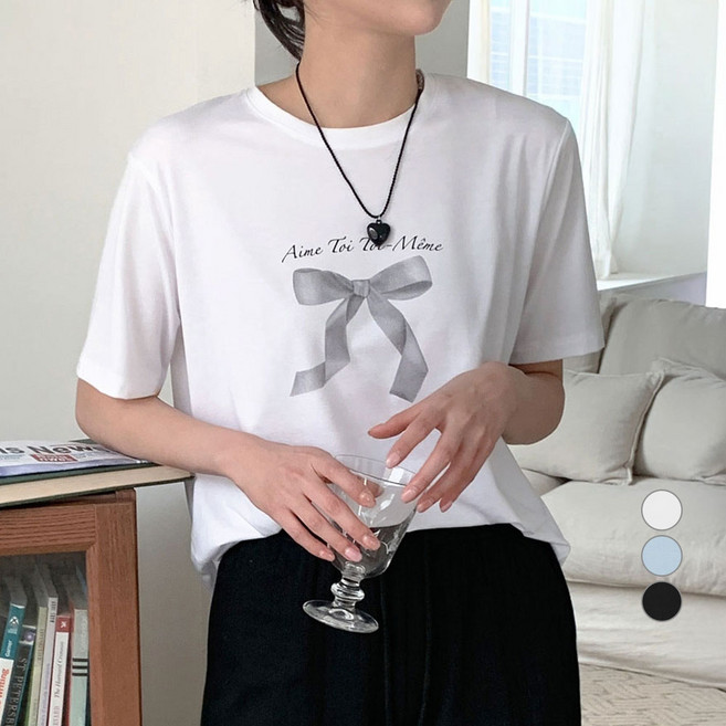 아피나르 여성용 레이온 찰랑 Ribbon 라운드넥 반팔 티셔츠