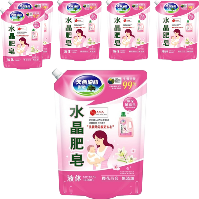 南僑水晶 水晶肥皂洗衣用液體 鎖蓋式補充包 櫻花百合, 1.4kg, 6包