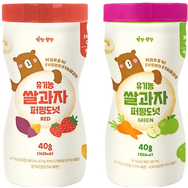 키짱몸짱 아동용 유기농 쌀과자 퍼핑도넛 2종 세트, 딸기맛,사과맛, 40g, 1개