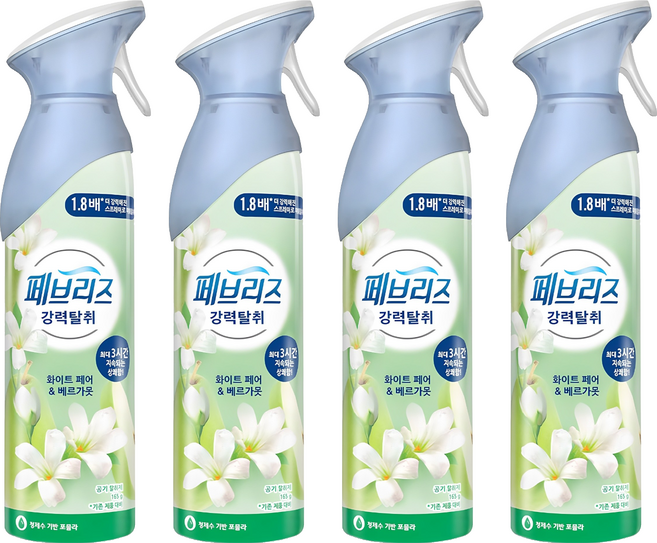 페브리즈 에어 실내 탈취제 화이트 페어 앤 베르가못 본품, 165g, 4개