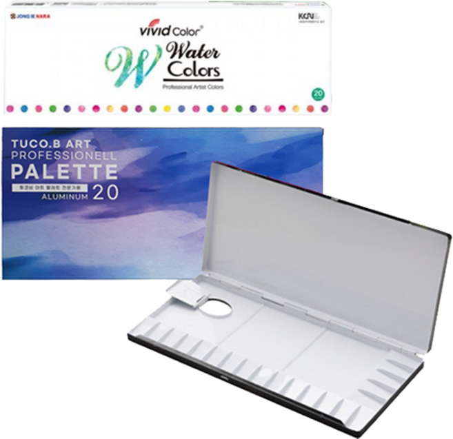 투코비 프리미엄 알루미늄 미술용 팔레트 + 종이나라 비비드컬러 수채화 물감 20종 x 7.5ml 세트, 20칸, 1세트