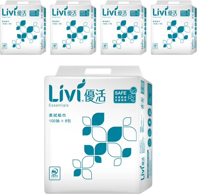 LIVI 優活 抽取式柔拭紙 100抽 x 8包 紙張細膩柔滑 高效吸水性, 5袋