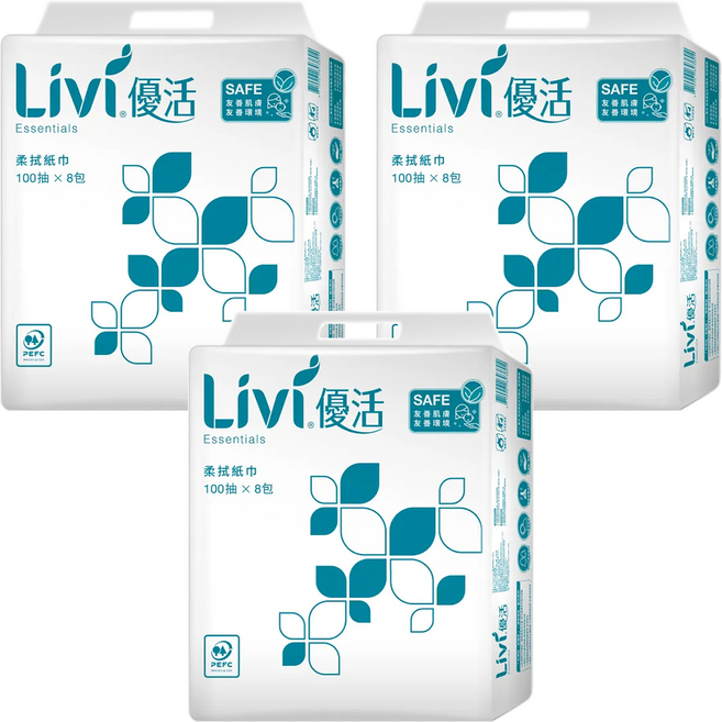 LIVI 優活 抽取式柔拭紙 100抽 x 8包 紙張細膩柔滑 高效吸水性, 3袋