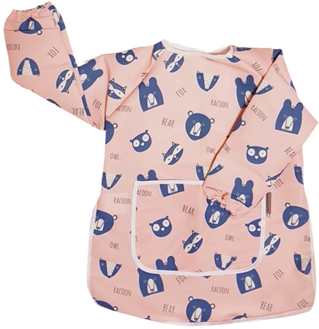 Bebe Chouette 兒童款防水長袖圍裙 粉色動物款 M (5-7歲適用)