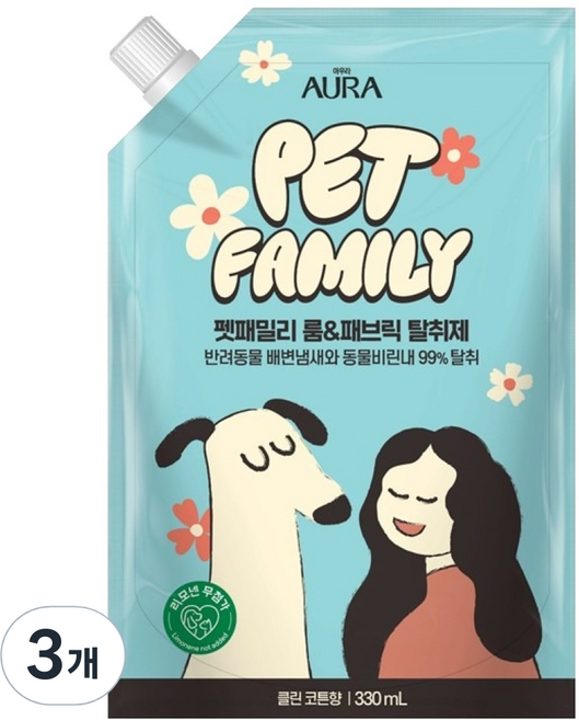 아우라 펫패밀리 룸 앤 패브릭 탈취제 클린코튼향 리필, 330ml, 3개