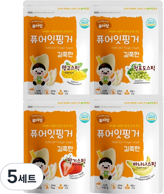 퓨어잇 핑거 길쭉한 과일스틱 30g x 4종 세트, 5세트, 혼합맛(바나나, 딸기, 청포도, 망고)