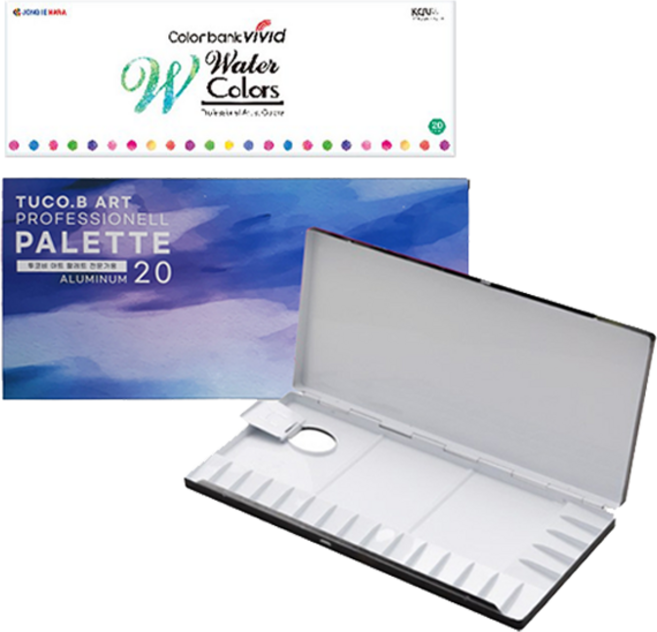투코비 프리미엄 알루미늄 미술용 팔레트 + 종이나라 비비드컬러 수채화 물감 20종 x 12ml 세트, 20칸, 1세트