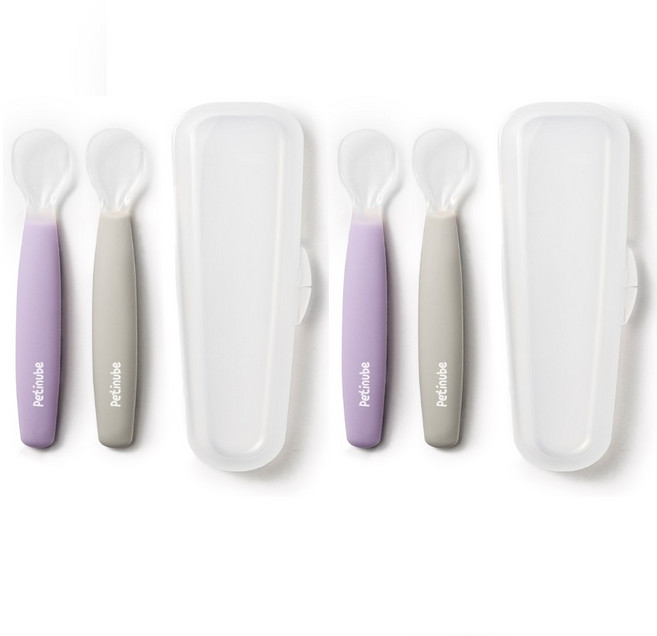 쁘띠누베 국내 제조 실리콘 이유식스푼 + 케이스 세트, GRAY + PURPLE, 2세트