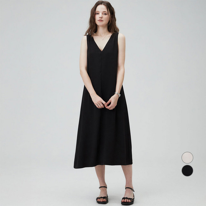 ELLEPARIS 여성용 크링클 새틴 딥 브이넥 민소매 원피스