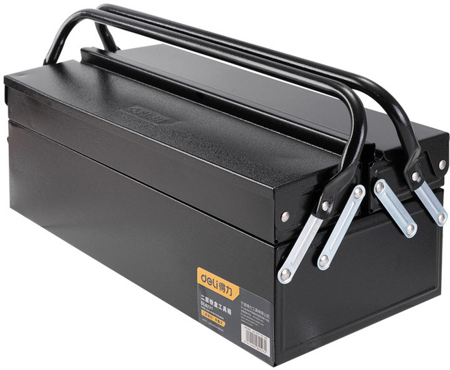 델리툴즈 휴대용 다용도 스틸 접이식 이중 핸들 듀얼 레이어 스토리지 공구 보관 툴박스 블랙 DL6231, 1개