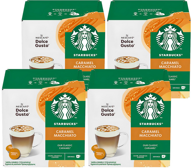 STARBUCKS 星巴克 NESCAFE 雀巢咖啡 Dolce Gusto 多趣酷思 焦糖瑪奇朵咖啡膠囊 咖啡膠囊5.5g 6顆 + 牛奶膠囊15.8g 6顆, 4盒, 21.3g, 12顆
