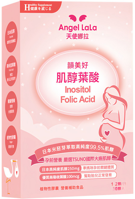 Angel LaLa 天使娜拉 日本高純度Tsuno500肌醇+葉酸膠囊, 30顆, 1盒