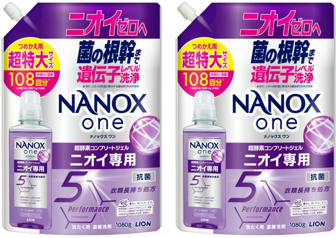 LION 獅王 NANOX one 奈米樂超濃縮抗菌洗衣精 特大補充裝 室內晾衣 紫色, 2個, 1080g