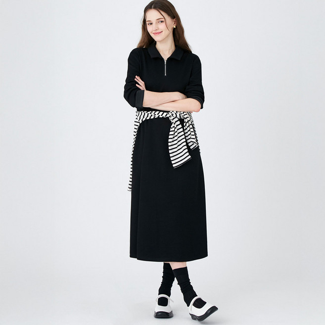 ELLE PARIS 여성용 카라넥 A라인 집업 드레스