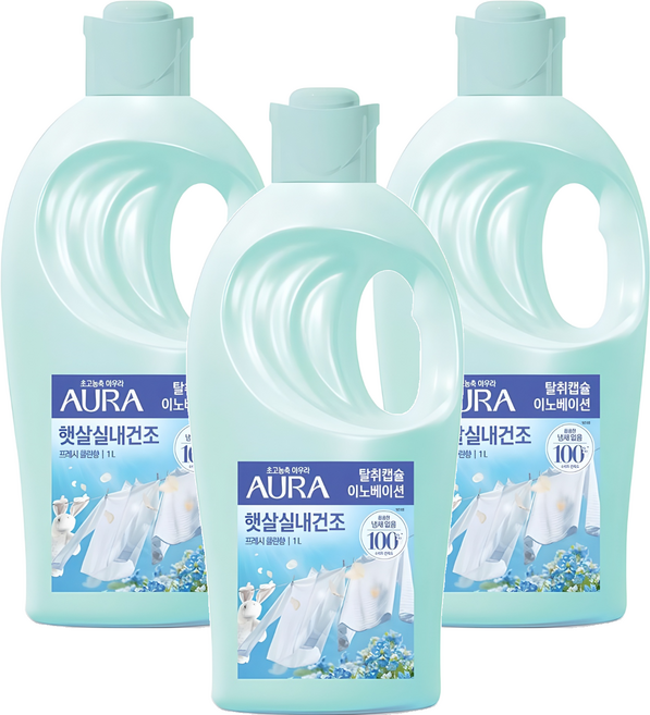 아우라 햇살 실내 건조 섬유유연제 프레시클린 본품, 1L, 3개
