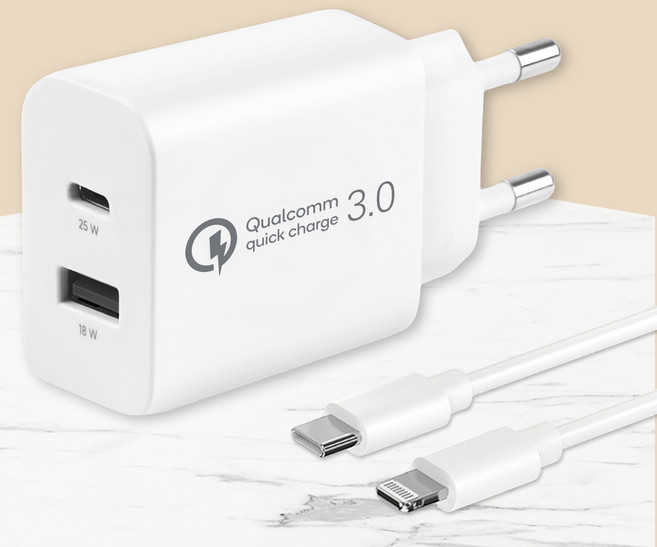 모잇 퀄컴 공식인증 QC 3.0 PD25W 2포트 PPS 초고속충전기 + 8핀 라이트닝 아이폰 케이블, 화이트, 1개