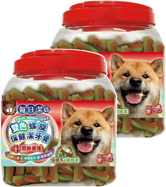 JOY FOOD 喜樂寵宴 每日潔 雙色螺旋保健潔牙骨 關節養護, 2罐, 培根牛 + 葉綠素, 800g