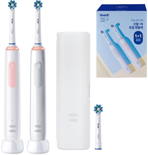 오랄비 듀얼 핸들팩 전동칫솔, 3772A, 화이트 + 핑크, 1세트