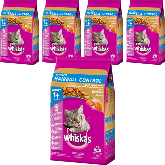 whiskas 偉嘉 成貓 化毛配方 乾飼料, 雞肉 + 鮪魚, 1.1kg, 5袋