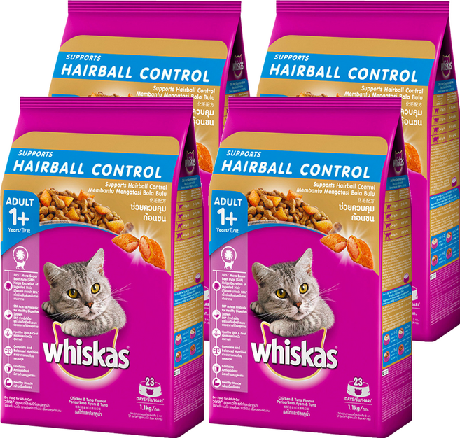 whiskas 偉嘉 成貓 化毛配方 乾飼料, 雞肉 + 鮪魚, 1.1kg, 4袋