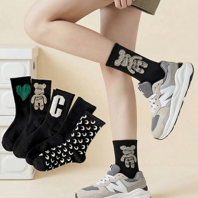 삭스판다 여성용 딥그린 하트 베어 밴딩 장목 양말 5켤레