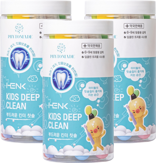 헨크 파이토메이드 키즈 딥클린 트리플 스텝 부드러운 킨더 칫솔, 혼합색상, 12개입, 3세트