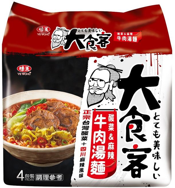 味王 大食客 酸菜麻辣牛肉湯麵 93g, 4包