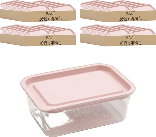 KAZT Simple Cook 冷凍飯盒 四角微波爐容器 淺粉色 400ml, 16個容器 + 16個蓋子, 4組