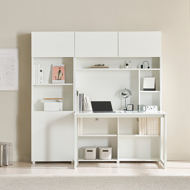 장인가구 E0 프론티 전면 1200 책상 + 600 긴책장 세트 방문설치, 화이트