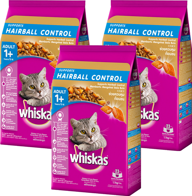 whiskas 偉嘉 成貓 化毛配方 乾飼料, 雞肉 + 鮪魚, 1.1kg, 3袋