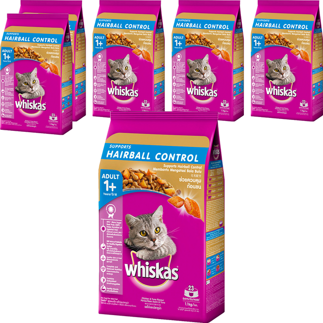 whiskas 偉嘉 成貓 化毛配方 乾飼料, 雞肉 + 鮪魚, 1.1kg, 6袋