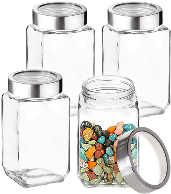 헬로키친 투명뚜껑 사각 밀폐 유리병, 700ml, 4개